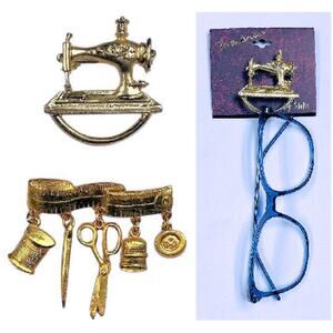 2 Pc Set Sewing Machine Brooch Set Glasses Holder Tape Measure Notions Whimsical